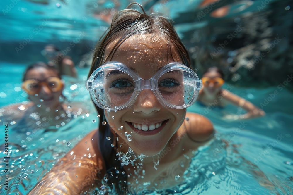 Fototapeta premium An underwater shot of smiling children wearing goggles, taking a selfie during a fun swim