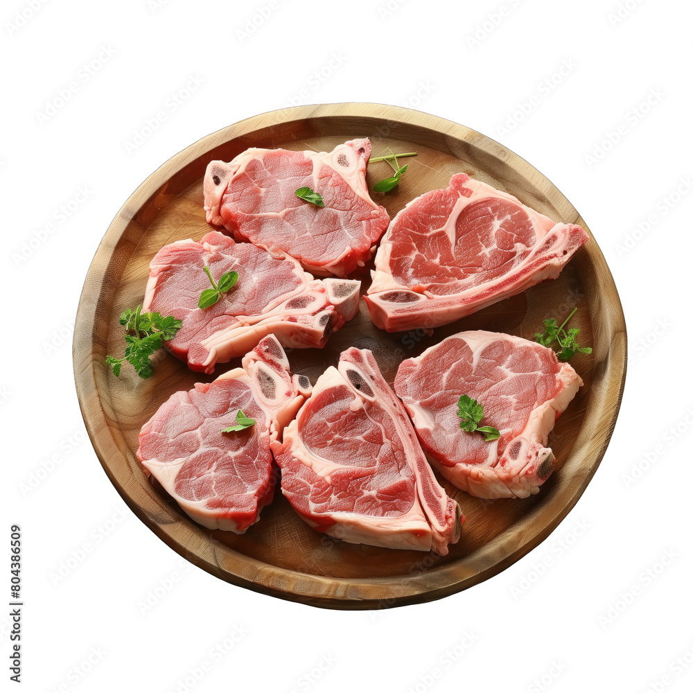 multiple raw meat steaks with bones on a wooden plate . Clipart PNG image . Transparent background multiple raw meat steaks with bones on a wooden plate . Clipart PNG image . Transparent background