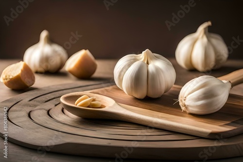 Garlic head and cloves on a table photo