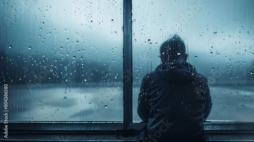 A person looking out the window on a rainy day with dark clouds in the background. photo
