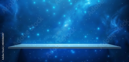 A vibrant, electric blue wall background, sparkling with embedded, tiny LED lights, creating a starry night effect that serves as a futuristic canvas for a sleek