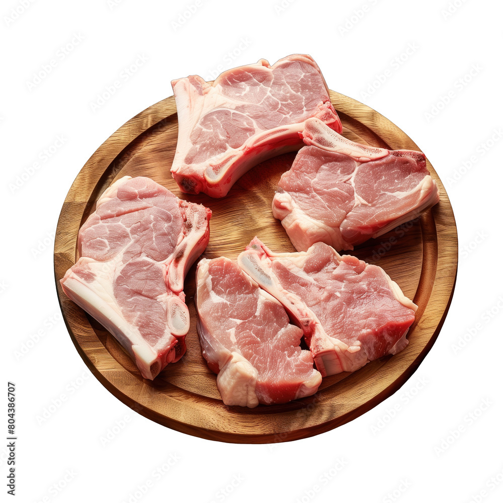 multiple raw meat steaks with bones on a wooden plate . Clipart PNG image . Transparent background