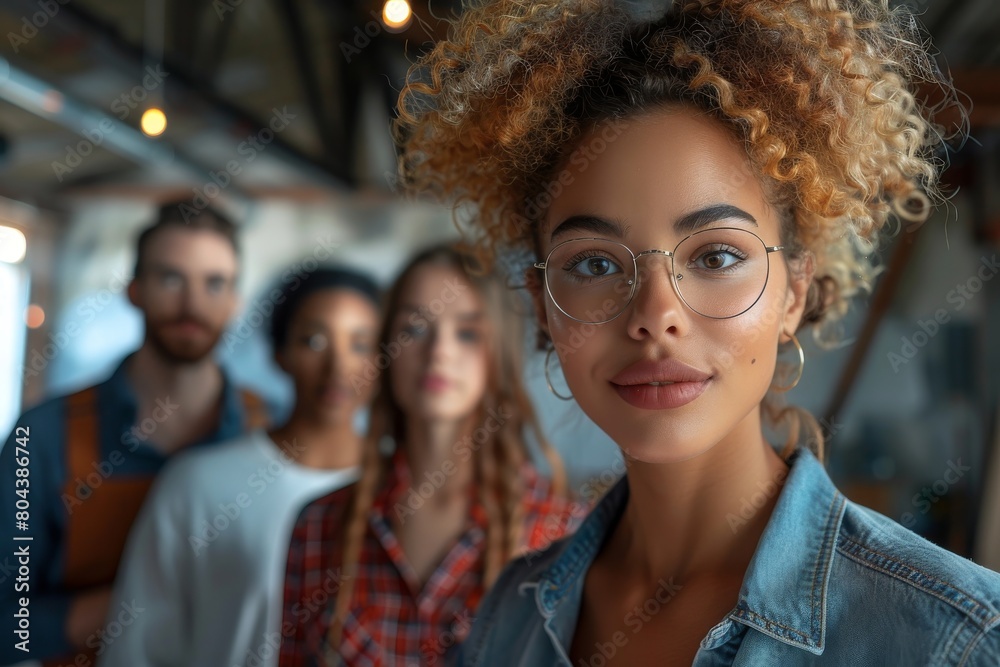 Frontal shot of a smiling woman with glasses leading a group of creative professionals in a working environment Frontal shot of a smiling woman with glasses leading a group of creative professionals in a working environment