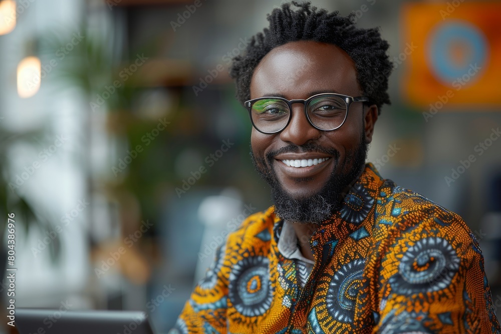A cheerful bearded man in a colorful African-patterned shirt poses in an indoor setting A cheerful bearded man in a colorful African-patterned shirt poses in an indoor setting