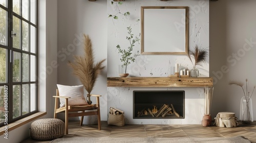 Leaning against wall next to fireplace, Clean Lines, Neutral Color Palette, Functional Furniture, The frame is placed on a minimalist wooden mantel above the fireplace, few curated decor items