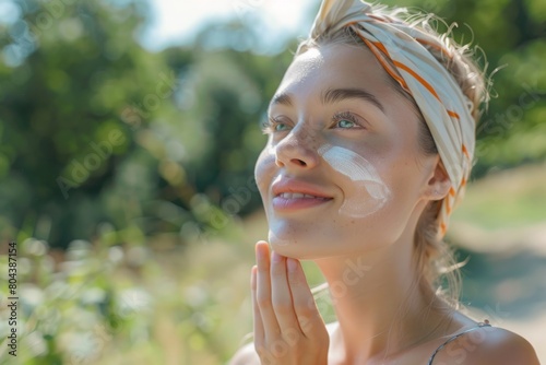 The beautiful woman's face radiates with a subtle glow, accentuated by the gentle application of sunscreen, a silent ode to the harmony between nature and nurture