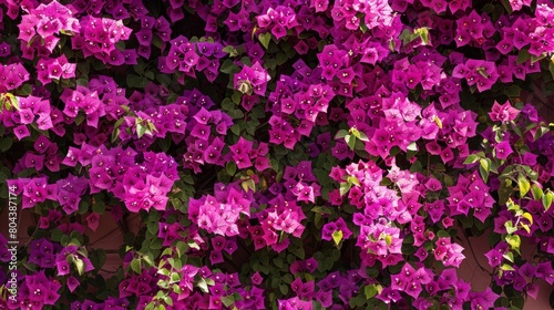 View of a wall full of purple flowers. Mediterranean Bougainvillea Bush With Purple Flowers