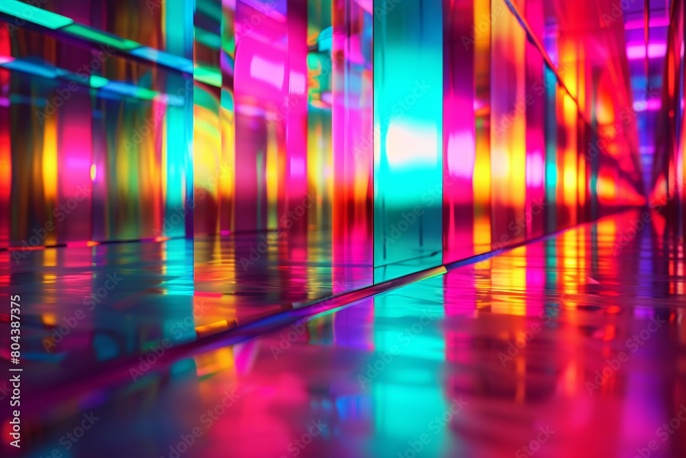 A modern background with a reflective mirror surface showing distorted reflections of multicolored lights, creating a vibrant and dynamic effect.