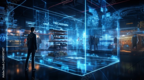 Futuristic retail warehouse worker does inventory as technology analyzes goods in logistics center