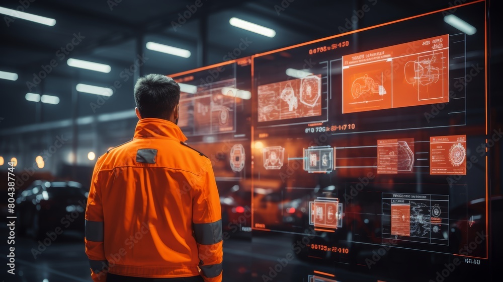Futuristic retail warehouse worker conducts inventory digitally analyzing goods in logistics center