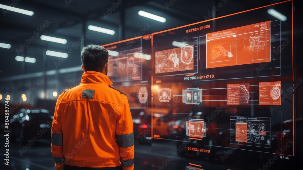 Futuristic retail warehouse worker conducts inventory digitally analyzing goods in logistics center Futuristic retail warehouse worker conducts inventory digitally analyzing goods in logistics center
