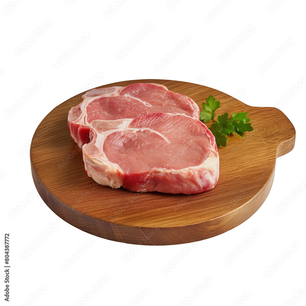 multiple raw meat steaks with bones on a wooden plate . Clipart PNG image . Transparent background