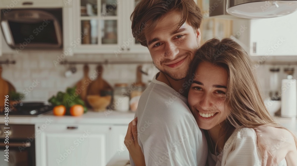 Young Happy Couple Hugging in Modern Kitchen. Boyfriend Hugging Girlfriend. Breakfast at Morning. Happy Wife and Husband. Romantic Relationship Concept. Smiling People at Home. White Kitchen. Young Happy Couple Hugging in Modern Kitchen. Boyfriend Hugging Girlfriend. Breakfast at Morning. Happy Wife and Husband. Romantic Relationship Concept. Smiling People at Home. White Kitchen.