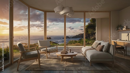 Inside a beach condo looking out into the ocean sunsetting reflective lighting. © ArtfuIInfusion