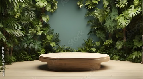 Wooden podium for showcasing and presenting products. Tropical mockup featuring trees and foliage