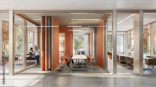 A modern office space transformed into a temporary meeting area with movable partitions where teams gather for discussions in open collaborative environment fostering creativity and teamwork. photo