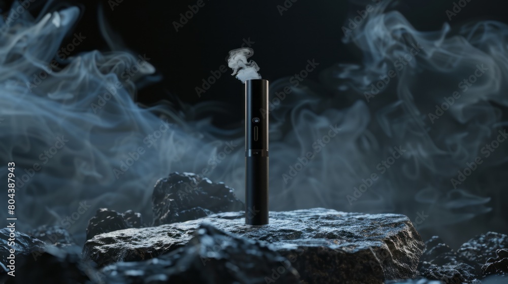 Photo of electronic cigarette product in stone scene, dark background, design style is clean and simple, this image is rendered
