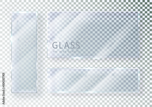 Set of transparent glass banners. Vector glass plates with place for inscriptions. Flat glass isolated on transparent background. Realistic 3D design. Vector transparent object
