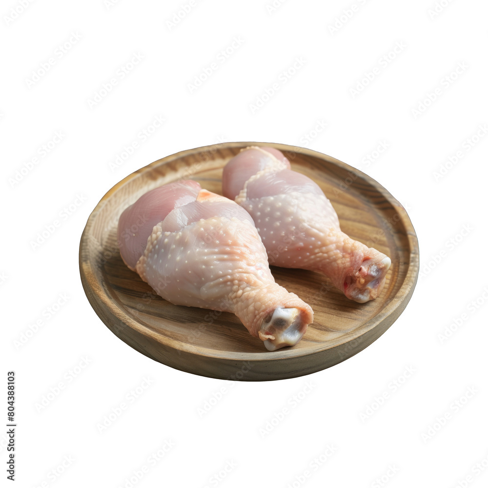 raw chicken drumstick on a wooden plate . Clipart PNG image . Transparent background raw chicken drumstick on a wooden plate . Clipart PNG image . Transparent background