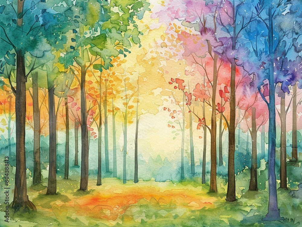 Heartfelt forest scene in watercolor, featuring a mix of tree types in bright pastels, perfectly capturing the essence of tranquility