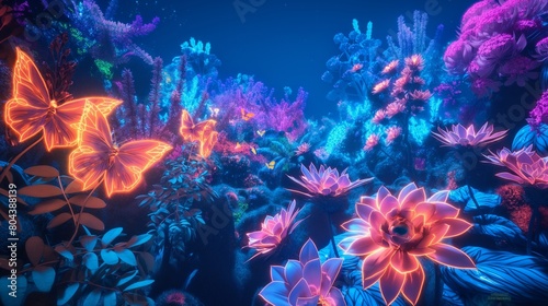 A vibrant  virtual garden filled with fluorescent flowers and glowing  ethereal butterflies  set against a deep  midnight blue background  creating an enchanting and magical atmosphere. 32k 