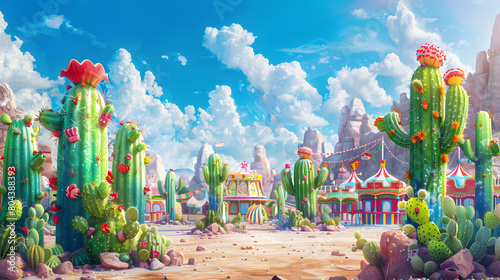 Carnival Cacti: A Whimsical Watercolor Landscape with Cartoon Cacti Enjoying Rides and Games