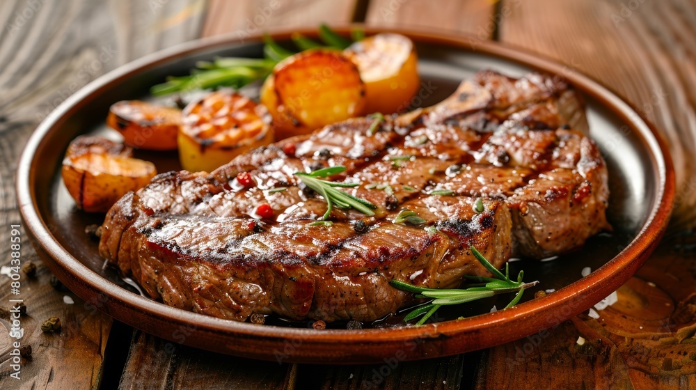 baked steak served on a plate beautiful promotional photo 