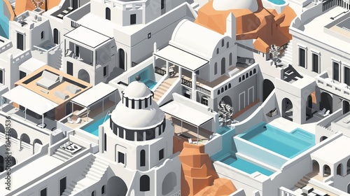 An isometric blueprint-like illustration of Santorini, Greece photo
