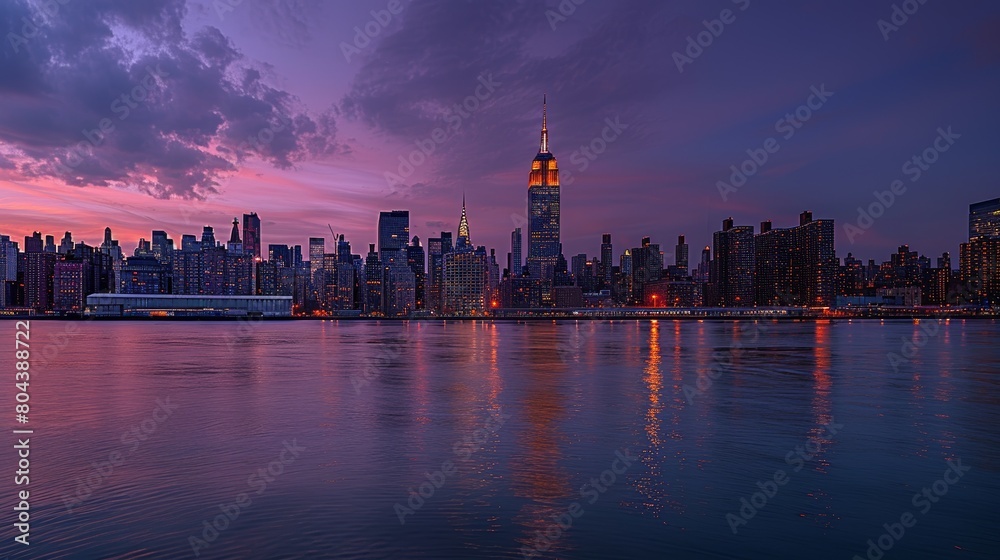 skyline with scyscrapers in violet sunset