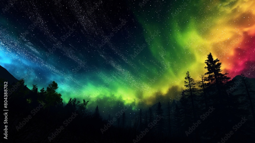 A virtual aurora borealis, its colors vivid and sweeping across a star-filled night sky, set against the silhouette of a digital forest