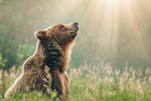 a brown bear sitting on the grass in the forest