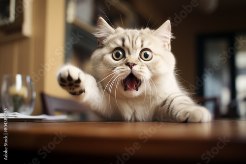A white British cat jumped onto the dining table. The cat looks up. Photo