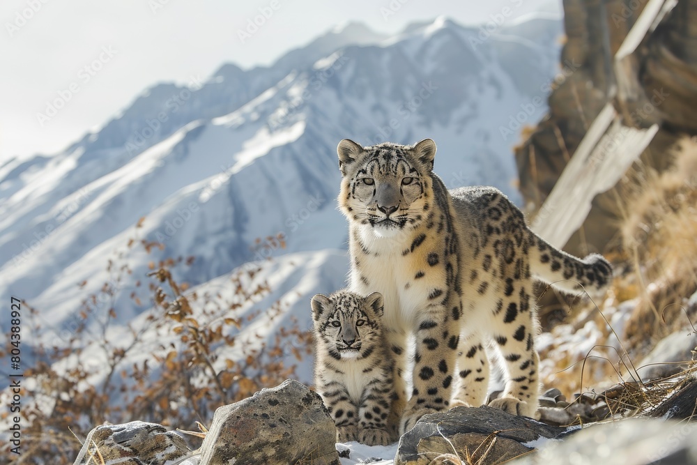 Fototapeta premium a snow leaopard with her cub in himalaya mountains
