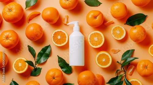 a straight verticle shampoo bottle nestled in oranges flat lay photography  photo