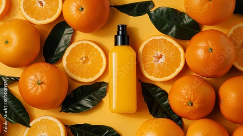 a straight verticle shampoo bottle nestled in oranges flat lay photography  photo