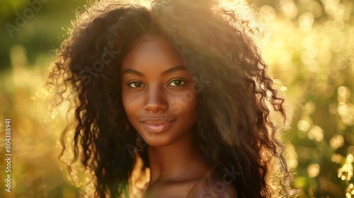A realistic photograph of a beautiful black woman in her 20s, showcasing her long, full hair caught in a gentle breeze