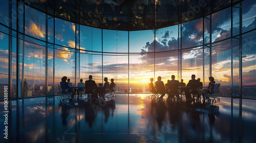 corporate boardroom during a strategic planning meeting with executives discussing financial projections and business growth strategies highlighting teamwork and collaboration.