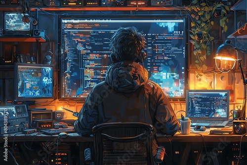 A detailed, modern office scene with a young, casual tech genius at a cluttered desk, coding the next big software, surrounded by gadgets and digital screens photo