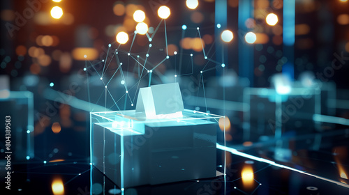 A tall tower with a red sun shining on it. The tower is surrounded by a web of lines and dots, giving the impression of a complex network. Concept of technology and connectivity