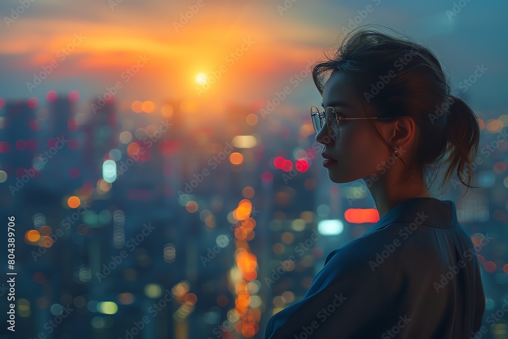 A serene yet powerful female executive overlooking a cityscape from a skyscraper, exuding confidence and success, city lights reflecting her ambition