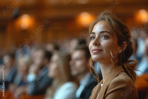 An awards ceremony in a luxurious hall, focusing on a woman receiving a prestigious award for business innovation, applause from an elite audience © Vilaysack
