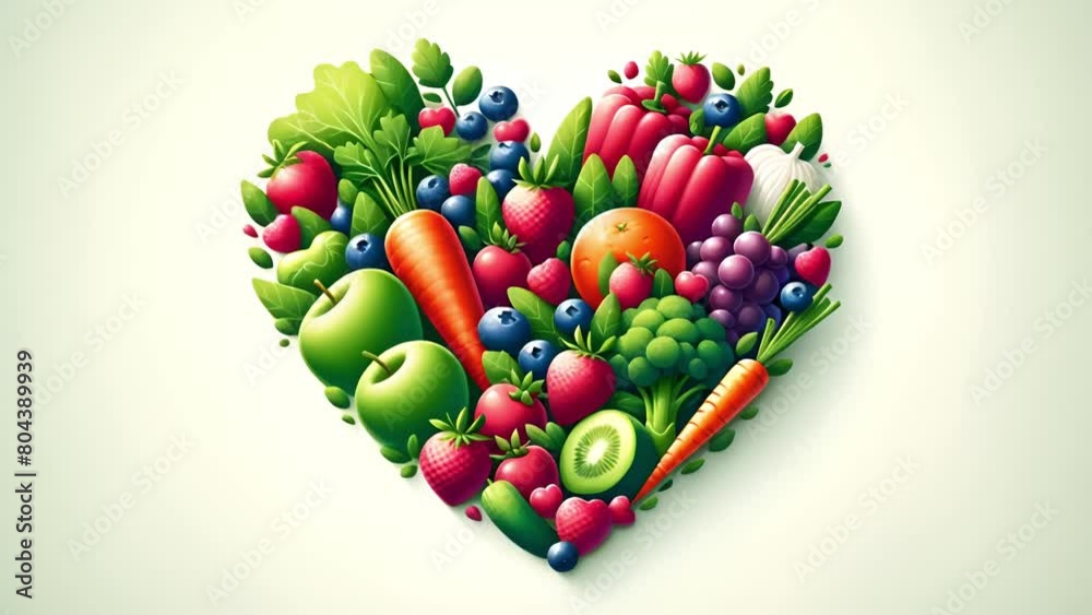 Vibrant and healthy heart-shaped collage made with a variety of fresh fruits and vegetables symbolizing nutritious eating and a love for a healthy lifestyle, isolated on a light background Vibrant and healthy heart-shaped collage made with a variety of fresh fruits and vegetables symbolizing nutritious eating and a love for a healthy lifestyle, isolated on a light background