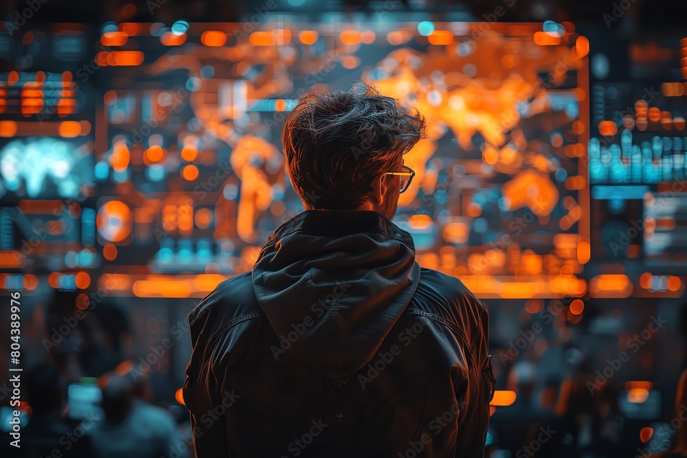 Male tech leader giving a keynote at a tech conference, large screen behind him displaying futuristic graphics, audience in shadow, spotlight effect