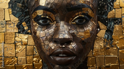 A beautiful African woman made of gold and black mosaic tiles  in the style of broken pieces