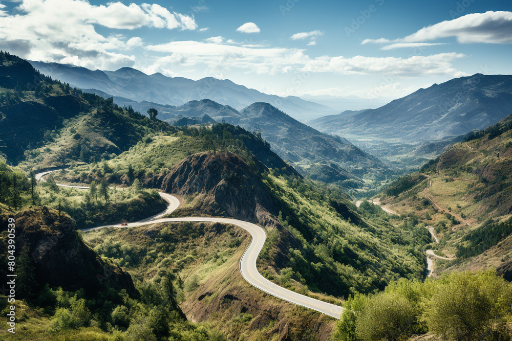 A winding mountain road with hairpin turns offering breathtaking views of valleys below, isolated on solid white background.