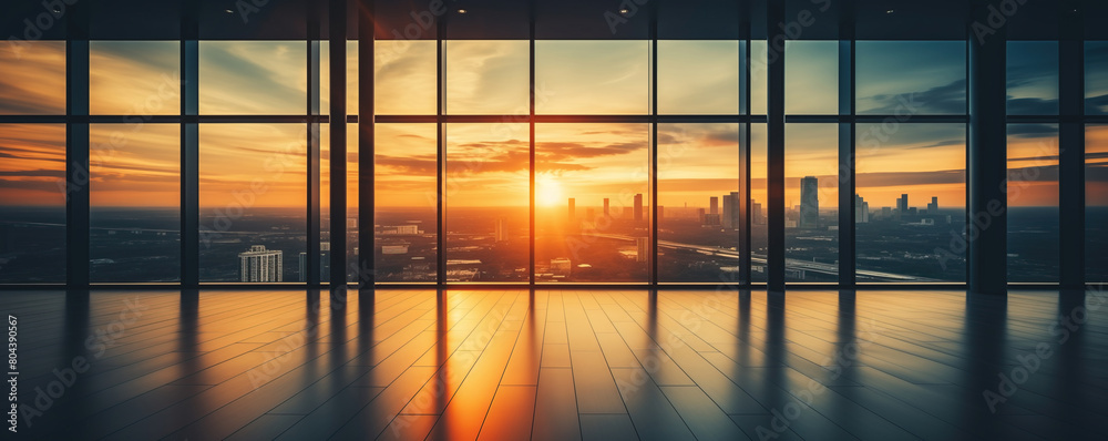 Ethereal glow: a citys sunset symphony. A mesmerizing view through a window reveals a city bathed in the warm hues of a sunset, creating a serene and enchanting scene