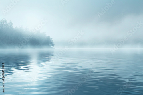 A serene background depicting an early morning mist rolling over a calm lake, ed in cool tones of blue and grey.