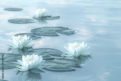 A serene background with a delicate water lily pattern floating on a calm pond surface, ed in soft blues and whites. photo