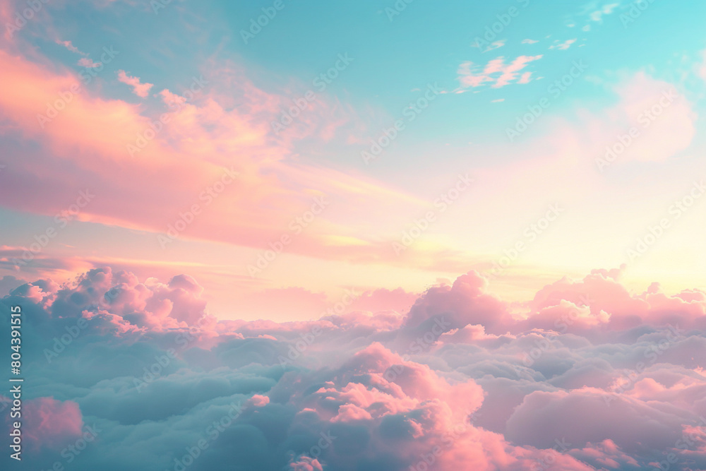 A serene background with a realistic cloudy sky texture, transitioning from a soft dawn pink to a gentle azure blue.
