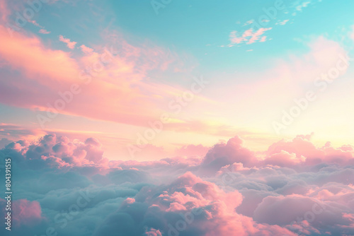 A serene background with a realistic cloudy sky texture, transitioning from a soft dawn pink to a gentle azure blue.